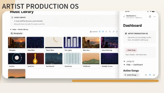 Artist Production OS Music Library and dashboard preview