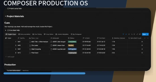 Composer Production OS cue and production workspace preview